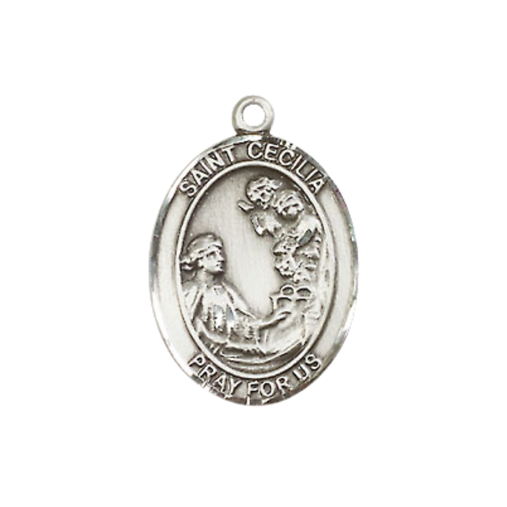 .925 Sterling Silver Saint St. Cecilia Medal Pendant on 18 Inch Rhodium Plated Lite Curb Brass Chain with Lobster Claw Clasp, Catholic Religious Necklace - Made in USA- Prayer Card Included