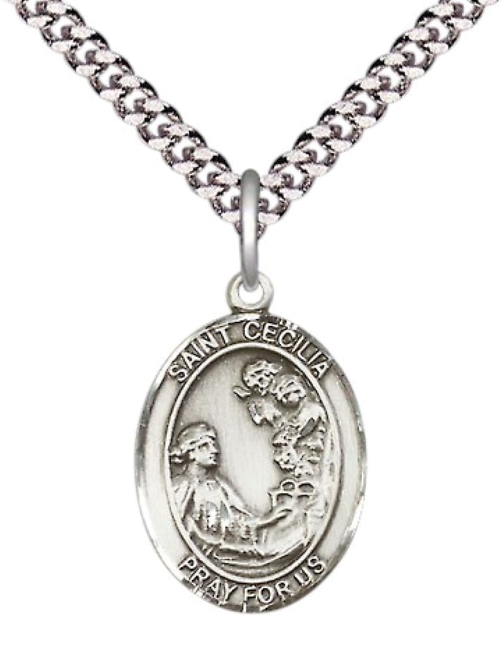 Everlasting Light Jewelry Medium Men's Pewter Saint St. Cecilia Medal Pendant on 24 Inch Endless Rhodium Plated Heavy Curb Brass Chain, Catholic Religious Necklace - Made in USA- Deluxe Velvet Gift Box