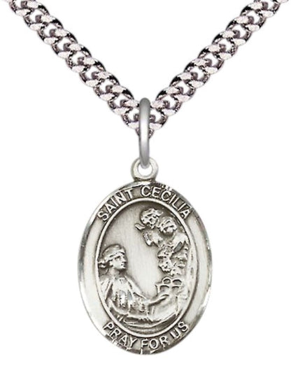 Everlasting Light Jewelry Medium Men's Pewter Saint St. Cecilia Medal Pendant on 24 Inch Endless Rhodium Plated Heavy Curb Brass Chain, Catholic Religious Necklace - Made in USA- Deluxe Velvet Gift Box