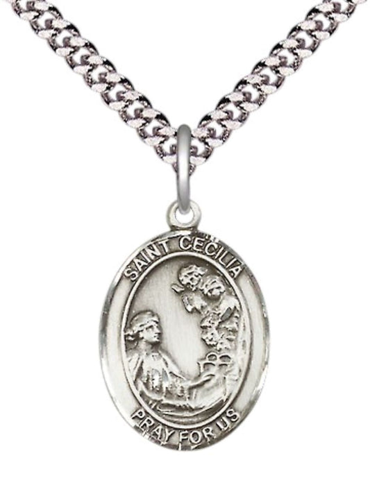 Mens Medium Oval .925 Sterling Silver Saint Cecilia Medal Pendant on 24" Rhodium Plated Heavy Curb Brass Chain with Lobster Claw Clasp,Catholic Religious Necklace-USA Made Velvet Gift Box