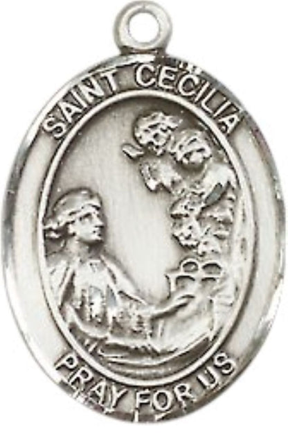 Everlasting Light Jewelry Medium Men's Pewter Saint St. Cecilia Medal Pendant on 24 Inch Endless Rhodium Plated Heavy Curb Brass Chain, Catholic Religious Necklace - Made in USA- Deluxe Velvet Gift Box