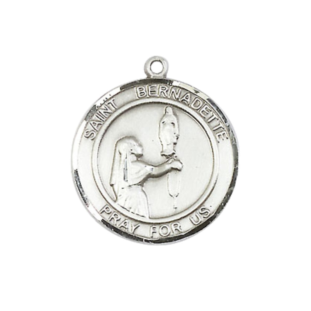 Medium Women's .925 Sterling Silver Saint St. Bernadette Pendant Necklace – ¾” x ?” Medal on 18 Inch Rhodium- Plated Lite Curb Brass Chain with Lobster Claw Clasp, Catholic Medal - Patron Saint. of Illness & Poverty – Velvet Gift Box