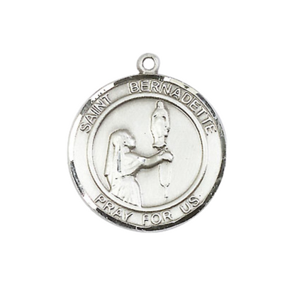 Medium Women's Pewter Saint St. Bernadette Medal Pendant on 18 Inch Rhodium Plated Lite Curb Brass Chain w/ Lobster Claw clasp, Catholic Religious Necklace - Made in USA - Deluxe Velvet Gift Box