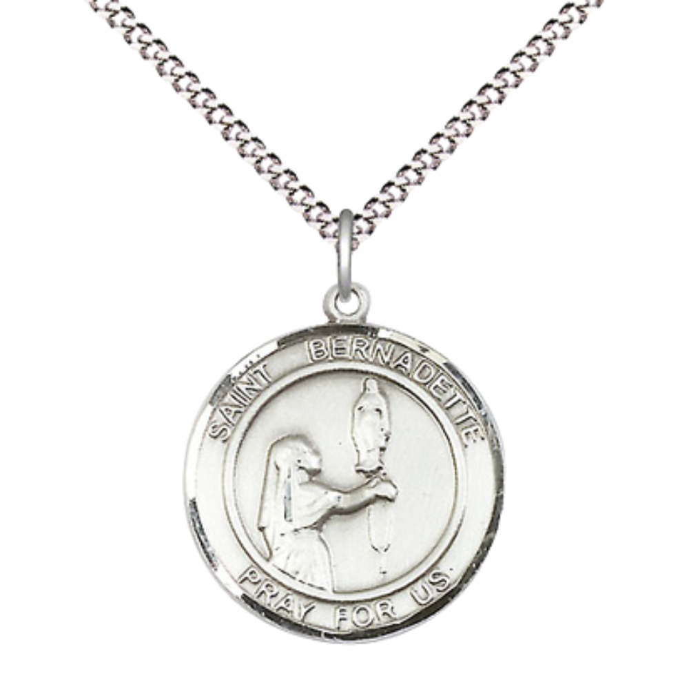 Medium Women's Pewter Saint St. Bernadette Medal Pendant on 18 Inch Rhodium Plated Lite Curb Brass Chain w/ Lobster Claw clasp, Catholic Religious Necklace - Made in USA - Deluxe Velvet Gift Box