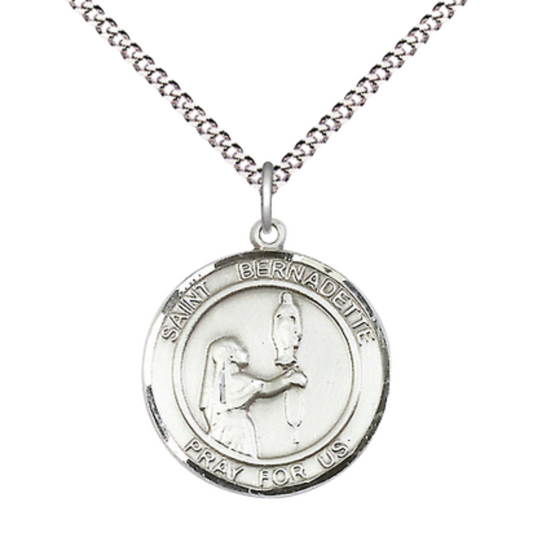 Medium Women's Pewter Saint St. Bernadette Medal Pendant on 18 Inch Rhodium Plated Lite Curb Brass Chain w/ Lobster Claw clasp, Catholic Religious Necklace - Made in USA - Deluxe Velvet Gift Box