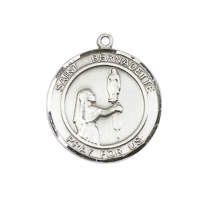 Medium Men's .925 Sterling Silver Saint Bernadette Medal Pendant on 24 Inch Endless Rhodium Plated Heavy Curb Brass Chain, Catholic Religious Necklace - Made in USA- Deluxe Velvet Gift Box
