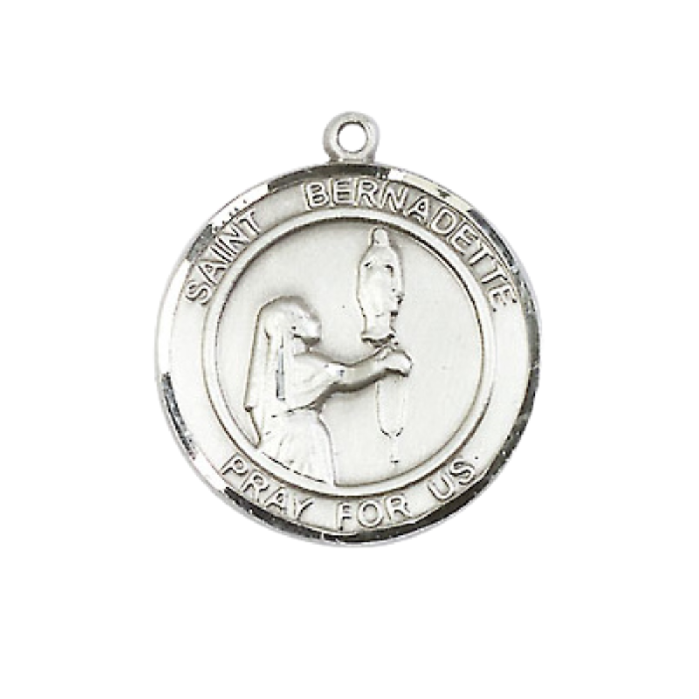Mens Medium Round Pewter Saint Bernadette Medal Pendant on 24 Inch Rhodium Plated Heavy Curb Brass Chain with Lobster Claw Clasp,Catholic Religious Necklace-USA Made Gift Boxed
