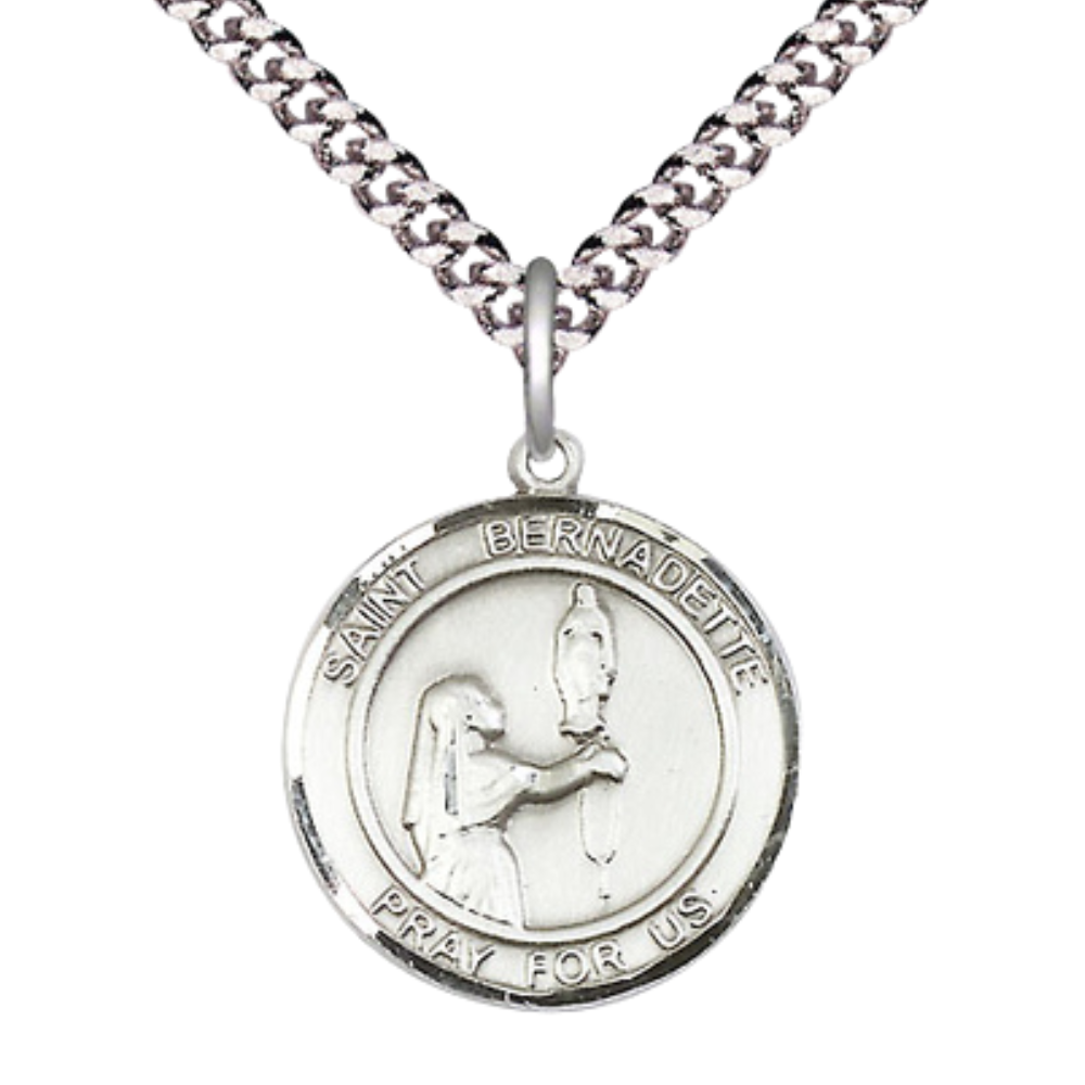 Everlasting Light Jewelry Medium Men's Pewter Saint St. Bernadette Medal Pendant on 24 Inch Endless Rhodium Plated Heavy Curb Brass Chain, Catholic Religious Necklace - Made in USA- Deluxe Velvet Gift Box