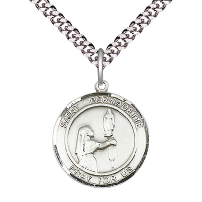 Medium Men's .925 Sterling Silver Saint Bernadette Medal Pendant on 24 Inch Endless Rhodium Plated Heavy Curb Brass Chain, Catholic Religious Necklace - Made in USA- Deluxe Velvet Gift Box