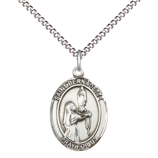 Women's Pewter Saint St. Bernadette Pendant Necklace on 18- inch Rhodium- Plated Lite Curb Brass Chain – Patron Saint St. of Illness and Poverty – ¾ x ½ Medal, Catholic Medal – Velvet Gift Box Included