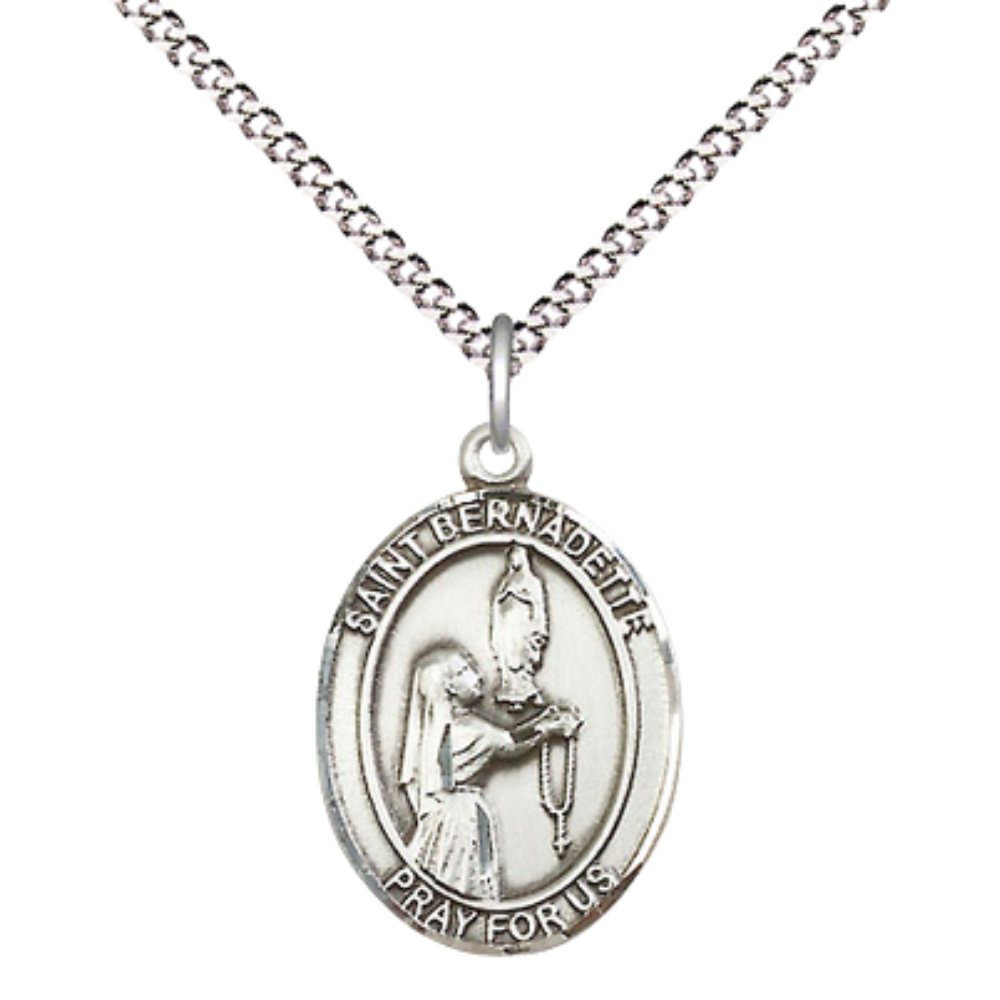 .925 Sterling Silver Saint St. Bernadette Medal Pendant on 18 Inch Rhodium Plated Lite Curb Brass Chain with Lobster Claw Clasp, Catholic Religious Necklace - Made in USA- Prayer Card Included