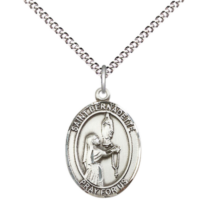 Pewter Saint St. Bernadette Medal Pendant on 18 Inch Rhodium Plated Lite Curb Brass Chain with Lobster Claw Clasp, Catholic Religious Necklace - Made in USA- Prayer Card Included