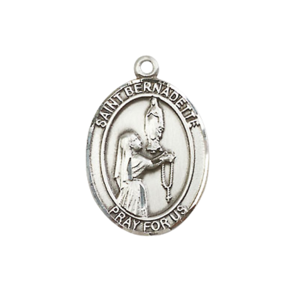 .925 Sterling Silver Saint St. Bernadette Medal Pendant on 18 Inch Rhodium Plated Lite Curb Brass Chain with Lobster Claw Clasp, Catholic Religious Necklace - Made in USA- Prayer Card Included