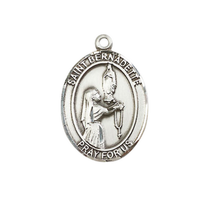 Everlasting Light Jewelry Medium Men's Pewter Saint Bernadette Medal Pendant on 24 Inch Endless Rhodium Plated Heavy Curb Brass Chain, Catholic Religious Necklace - Made in USA- Deluxe Velvet Gift Box