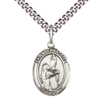 Medium Men's .925 Sterling Silver Saint Bernadette Medal Pendant on 24 Inch Endless Rhodium Plated Heavy Curb Brass Chain, Catholic Religious Necklace -Made in USA- Deluxe Velvet Gift Box
