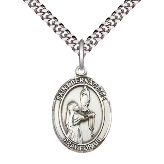 Everlasting Light Jewelry Medium Men's Pewter Saint Bernadette Medal Pendant on 24 Inch Endless Rhodium Plated Heavy Curb Brass Chain, Catholic Religious Necklace - Made in USA- Deluxe Velvet Gift Box