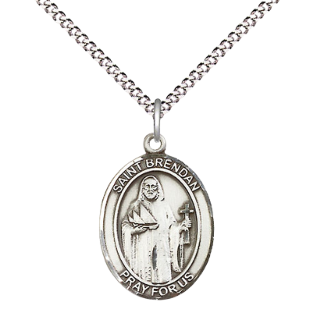 Medium Women's Pewter Saint St. Brendan the Navigator Pendant Necklace on 18- inch Rhodium- Plated Lite Curb Brass Chain – Patron Saint St. of Sailors and Mariners – ¾" x ½" Medal, Catholic Medal – Velvet Gift Box Included