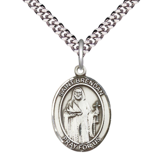 Medium Men's .925 Sterling Silver Saint St. Brendan the Navigator Medal Pendant on 24 Inch Endless Rhodium Plated Heavy Curb Brass Chain, Catholic Religious Necklace - Made in USA- Deluxe Velvet Gift Box