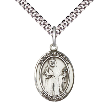 Medium Mens .925 Sterling Silver Saint St. Brendan the Navigator Medal Pendant on 24 Inch Rhodium Plated Heavy Curb Brass Chain w/Lobster Claw Clasp, Catholic Religious Necklace- USA Made Gift Boxed