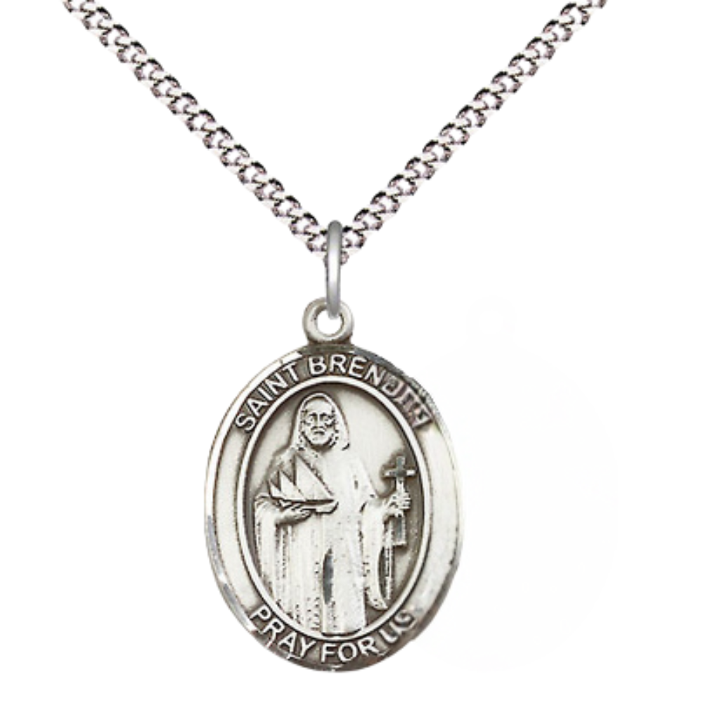 Everlasting Light Jewelry Medium Women's .925 Sterling Silver Saint St. Brendan Navy Pendant Necklace on 18- Inch Rhodium Plated Lite Curb Brass Chain – Patron Saint St. of Sailors/Mariners, Catholic Medal – Velvet Gift Box Included