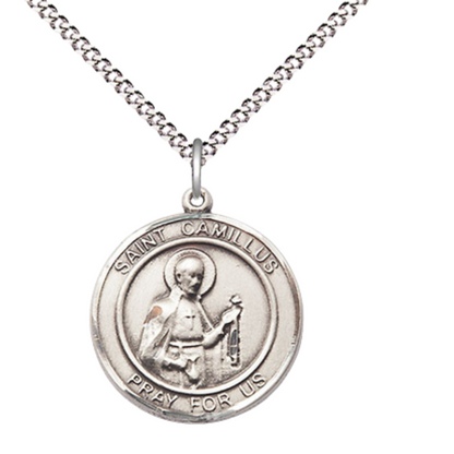 Women's Pewter Saint Camillus of Lellis Pendant Necklace on 18-inch Rhodium-Plated Lite Curb Brass Chain – Patron Saint of Hospitals and Nurses – ¾" x ½" Medal – Velvet Gift Box Included
