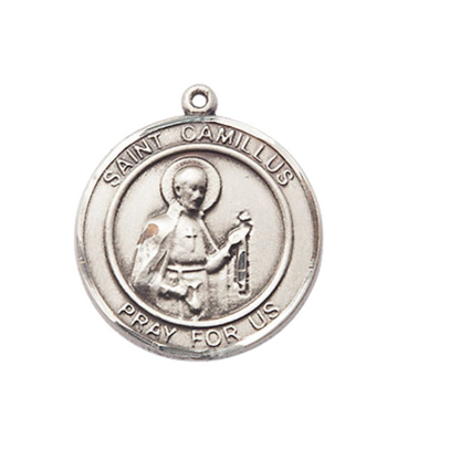 Women's Pewter Saint Camillus of Lellis Pendant Necklace on 18-inch Rhodium-Plated Lite Curb Brass Chain – Patron Saint of Hospitals and Nurses – ¾" x ½" Medal – Velvet Gift Box Included