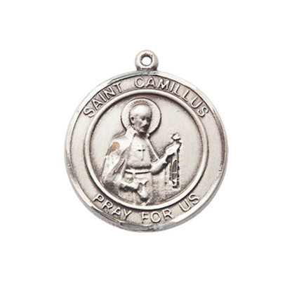 Medium Men's Pewter Saint St. Camillus of Lellis Medal Pendant on 24 Inch Endless Rhodium Plated Heavy Curb Brass Chain, Catholic Religious Necklace - Made in USA- Deluxe Velvet Gift Box