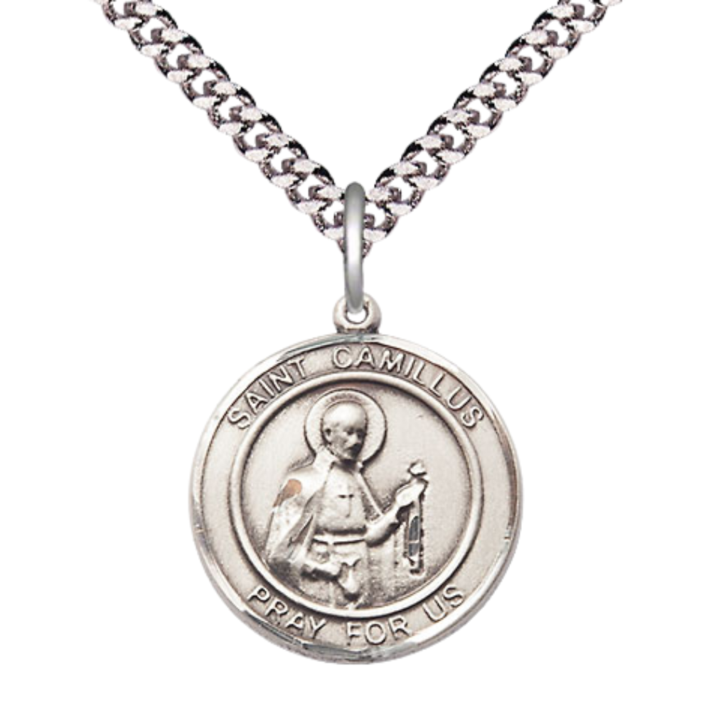 Medium Men's Pewter Saint St. Camillus of Lellis Medal Pendant on 24 Inch Endless Rhodium Plated Heavy Curb Brass Chain, Catholic Religious Necklace - Made in USA- Deluxe Velvet Gift Box