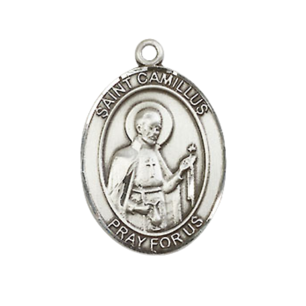 Medium Men's Pewter Saint St. Camillus of Lellis Medal Pendant on 24 Inch Endless Rhodium Plated Heavy Curb Brass Chain, Catholic Religious Necklace - Made in USA- Deluxe Velvet Gift Box