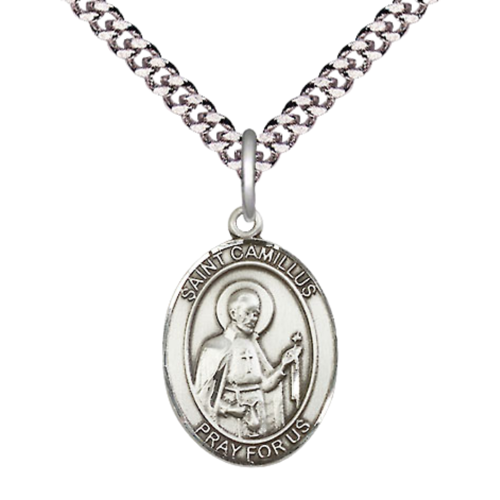 Medium Mens .925 Sterling Silver Saint St. Camillus of Lellis Medal Pendant on 24 Inch Rhodium Plated Heavy Curb Brass Chain w/ Lobster Claw Clasp, Catholic Religious Necklace - Made in USA- Velvet Gift Box