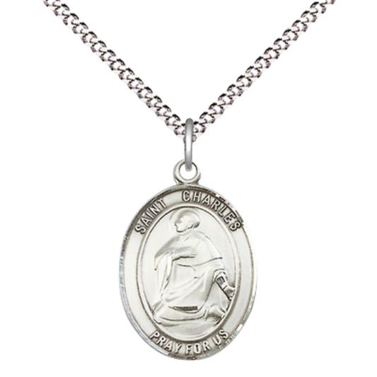 Medium Women's .925 Sterling Silver Saint St. Charles Borromeo Pendant Necklace on 18- Inch Rhodium Plated Lite Curb Brass Chain – Patron Saint St. of Catechists/Seminarians, Catholic Medal – Velvet Gift Box Included