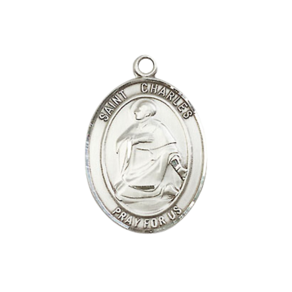 Medium Women's .925 Sterling Silver Saint St. Charles Borromeo Pendant Necklace on 18- Inch Rhodium Plated Lite Curb Brass Chain – Patron Saint St. of Catechists/Seminarians, Catholic Medal – Velvet Gift Box Included
