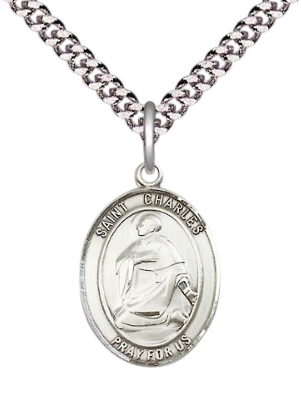 Mens Medium Oval Pewter Saint St. Charles Borromeo Medal Pendant on 24 Inch Rhodium Plated Heavy Curb Brass Chain with Lobster Claw Clasp, Catholic Religious Necklace- USA Made Gift Boxed