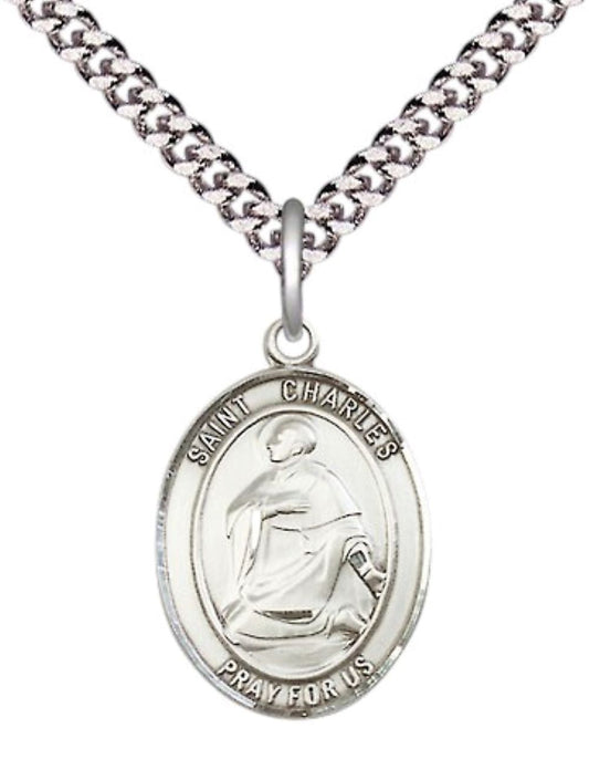 Medium Men's .925 Sterling Silver Saint St. Charles Borromeo Medal Pendant on 24 Inch Endless Rhodium Plated Heavy Curb Brass Chain, Catholic Religious Necklace - Made in USA- Deluxe Velvet Gift Box