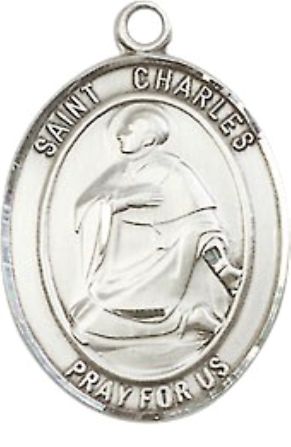 Medium Men's .925 Sterling Silver Saint St. Charles Borromeo Medal Pendant on 24 Inch Endless Rhodium Plated Heavy Curb Brass Chain, Catholic Religious Necklace - Made in USA- Deluxe Velvet Gift Box