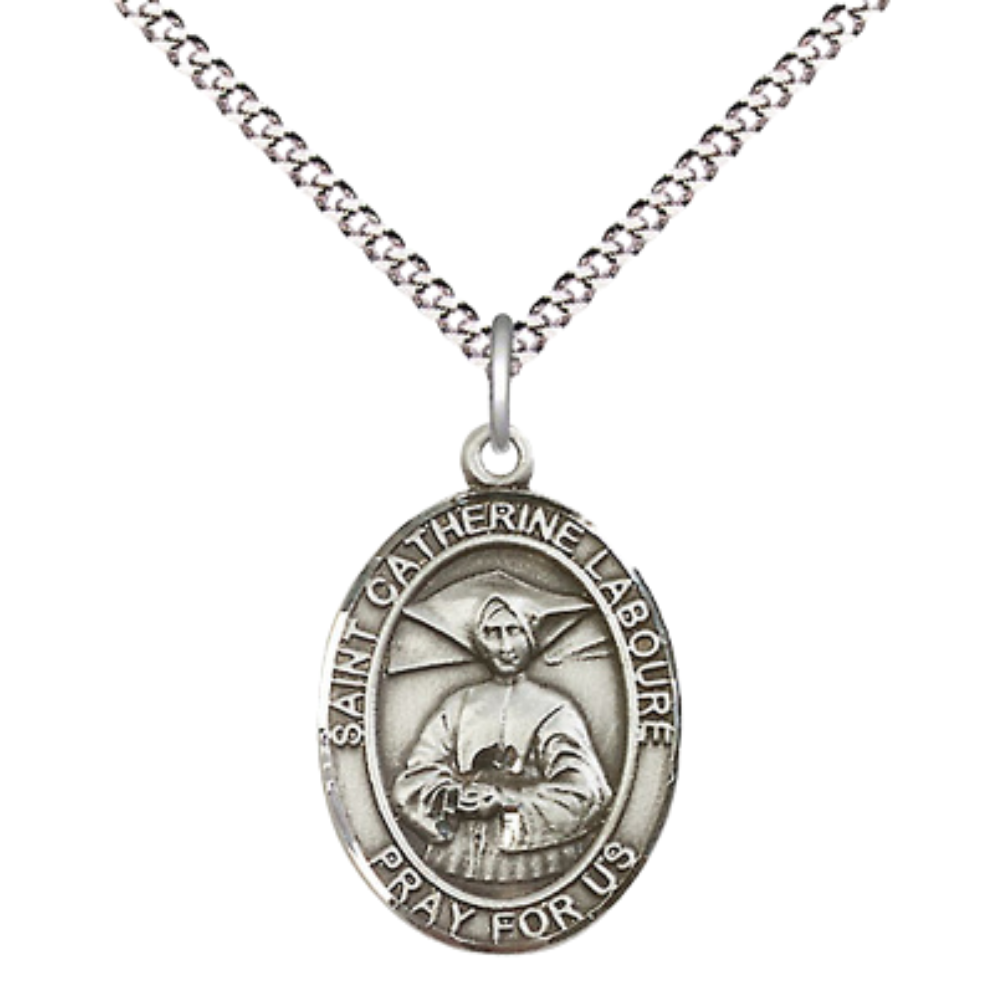 .925 Sterling Silver Saint St. Catherine Laboure Medal Pendant on 18 Inch Rhodium Plated Lite Curb Brass Chain w/ Lobster Claw Clasp, Catholic Religious Necklace - Made in USA- Prayer Card Included