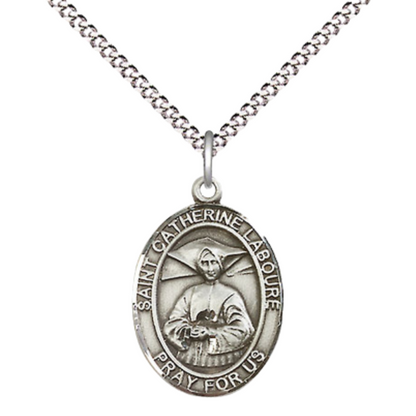 .925 Sterling Silver Saint St. Catherine Laboure Medal Pendant on 18 Inch Rhodium Plated Lite Curb Brass Chain w/ Lobster Claw Clasp, Catholic Religious Necklace - Made in USA- Prayer Card Included