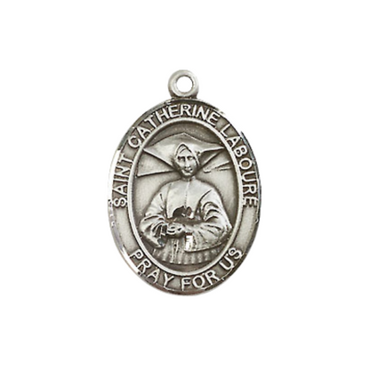 Medium Women's Pewter Saint St. Catherine Laboure Pendant Necklace on 18- inch Rhodium- Plated Lite Curb Brass Chain – Patron Saint St. of The Miraculous Medal – ¾" x ½" Medal, Catholic Medal – Velvet Gift Box Included