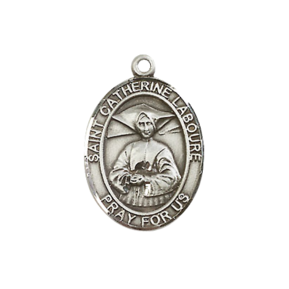 Medium Women's .925 Sterling Silver Saint St. Catherine Laboure Pendant Necklace on 18- Inch Rhodium Plated Lite Curb Brass Chain – Patron Saint St. of The Miraculous Medal, Catholic Medal – Velvet Gift Box Included