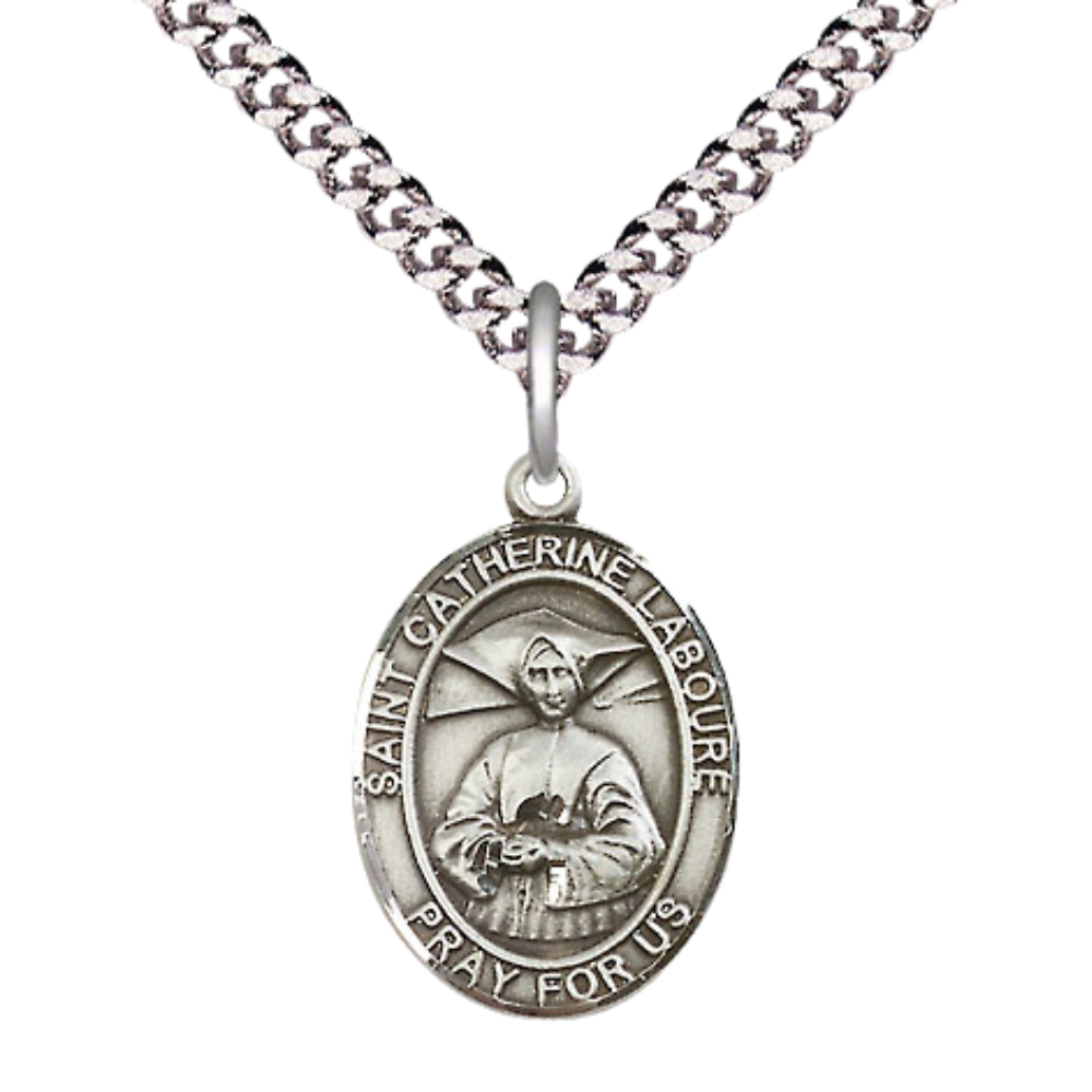 Mens Medium Oval Pewter Saint St. Catherine Laboure Medal Pendant on 24 Inch Rhodium Plated Heavy Curb Brass Chain with Lobster Claw Clasp, Catholic Religious Necklace- USA Made Velvet Gift Box