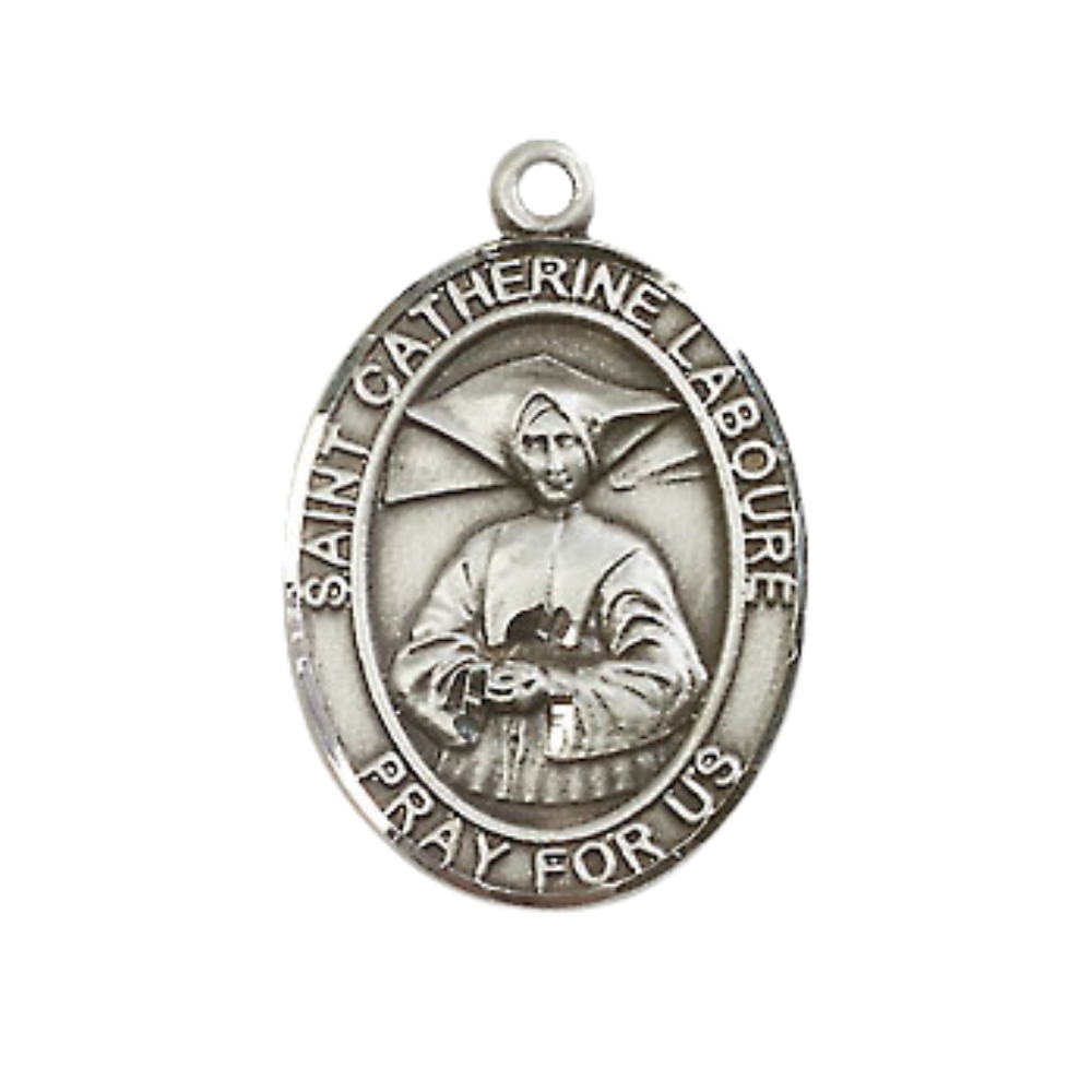 Everlasting Light Jewelry Medium Men's Pewter Saint St. Catherine Laboure Medal Pendant on 24 Inch Endless Rhodium Plated Heavy Curb Brass Chain, Catholic Religious Necklace - Made in USA- Deluxe Velvet Gift Box