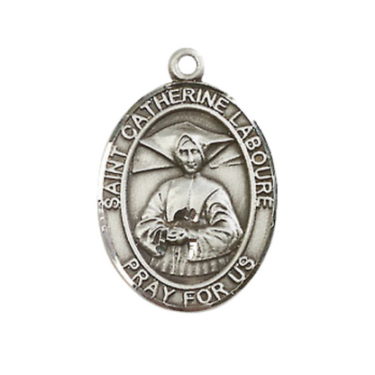 Medium Men's .925 Sterling Silver Saint Catherine Laboure Medal Pendant on 24 Inch Endless Rhodium Plated Heavy Curb Brass Chain, Catholic Religious Necklace -Made in USA- Deluxe Velvet Gift Box