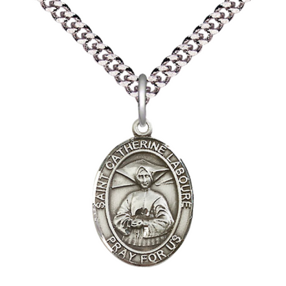 Everlasting Light Jewelry Medium Men's Pewter Saint St. Catherine Laboure Medal Pendant on 24 Inch Endless Rhodium Plated Heavy Curb Brass Chain, Catholic Religious Necklace - Made in USA- Deluxe Velvet Gift Box