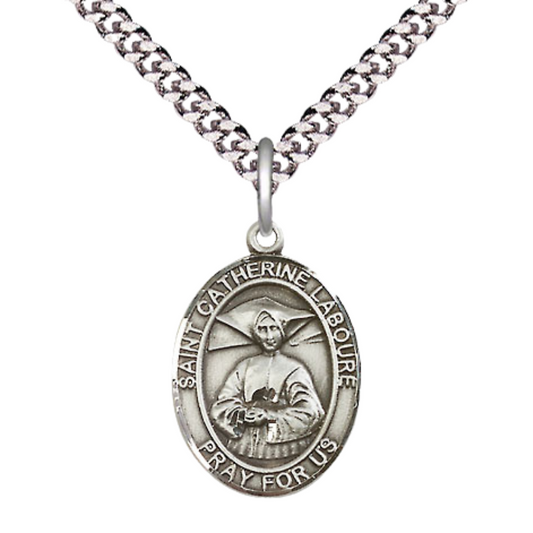 Everlasting Light Jewelry Medium Men's Pewter Saint St. Catherine Laboure Medal Pendant on 24 Inch Endless Rhodium Plated Heavy Curb Brass Chain, Catholic Religious Necklace - Made in USA- Deluxe Velvet Gift Box