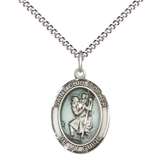 Medium Women's Pewter Saint St. Christopher Pendant Necklace with Blue Epoxy on 18- inch Rhodium- Plated Lite Curb Brass Chain – Patron Saint St. of Travelers/Motorists – ¾" x ½" Medal, Catholic Medal – Velvet Gift Box Included