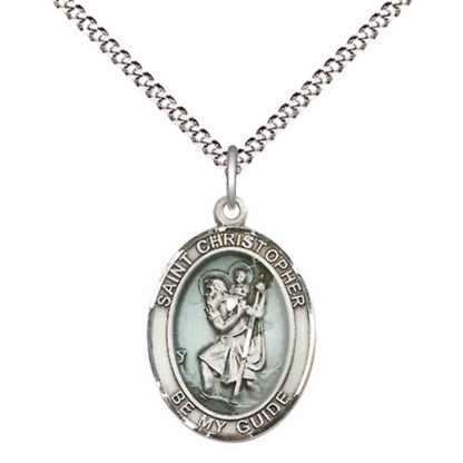 Medium Women's .925 Sterling Silver Saint St. Christopher Pendant Necklace with Blue Epoxy on 18- Inch Rhodium Plated Lite Curb Brass Chain – Patron Saint St. of Travelers & Motorists, Catholic Medal – Velvet Gift Box Included