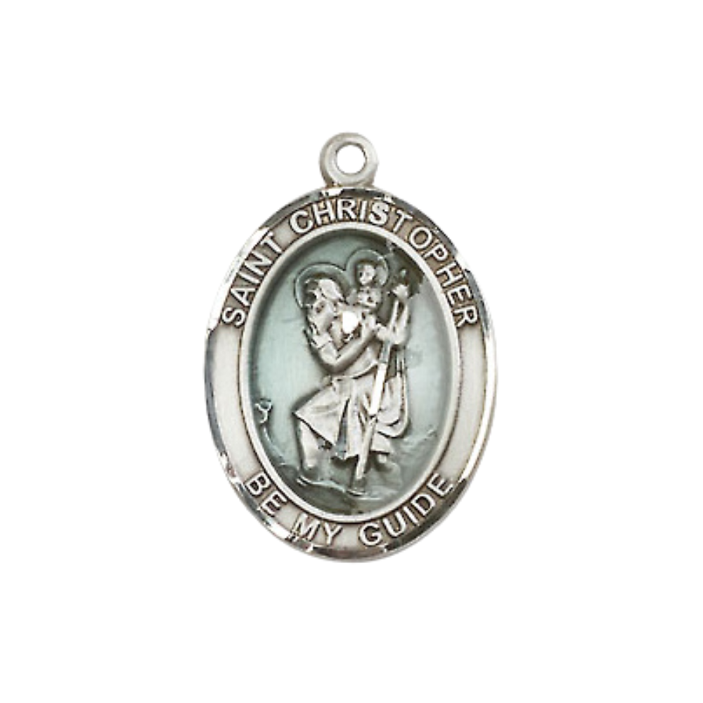 Medium Women's Pewter Saint St. Christopher Pendant Necklace with Blue Epoxy on 18- inch Rhodium- Plated Lite Curb Brass Chain – Patron Saint St. of Travelers/Motorists – ¾" x ½" Medal, Catholic Medal – Velvet Gift Box Included