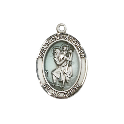 Medium Women's Pewter Saint St. Christopher Pendant Necklace with Blue Epoxy on 18- inch Rhodium- Plated Lite Curb Brass Chain – Patron Saint St. of Travelers/Motorists – ¾" x ½" Medal, Catholic Medal – Velvet Gift Box Included