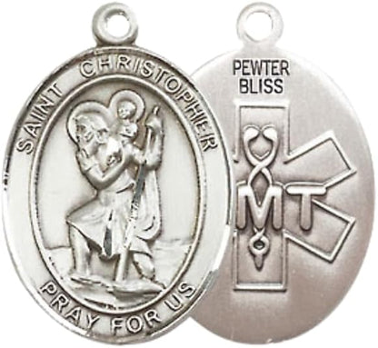 Medium Women's Pewter Saint St. Christopher EMT Pendant Necklace on 18- inch Rhodium- Plated Lite Curb Brass Chain – Patron Saint St. of Travelers/Motorists – ¾ x ½ Medal, Catholic Medal – Velvet Gift Box Included