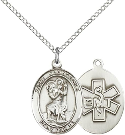 Medium Women's Pewter Saint St. Christopher EMT Pendant Necklace on 18- inch Rhodium- Plated Lite Curb Brass Chain – Patron Saint St. of Travelers/Motorists – ¾ x ½ Medal, Catholic Medal – Velvet Gift Box Included